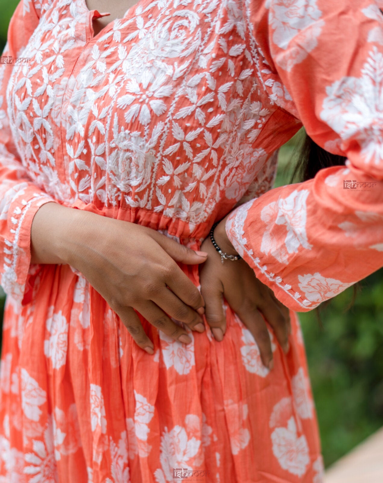 Ishra Angrakha Mul Cotton Chikankari Gown - peach-orange