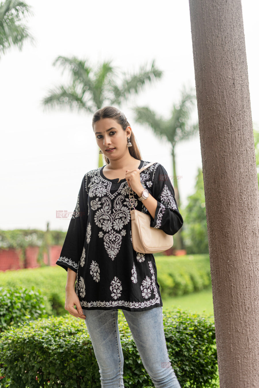 Ishra Rayon Short Chikankari Kurti - black