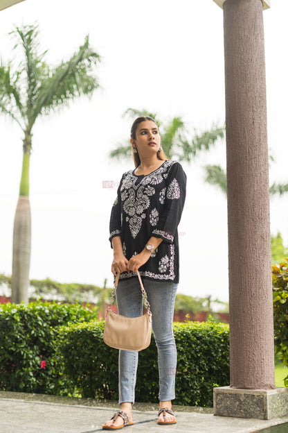 Ishra Rayon Short Chikankari Kurti - black