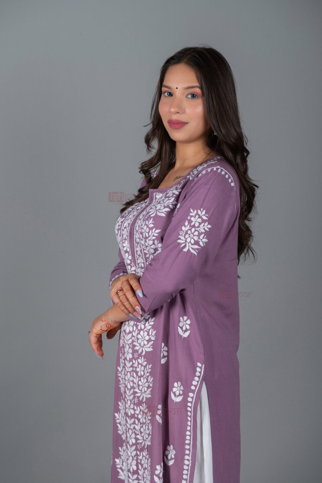 Meher Rayon Long Chikankari Kurti - orchid-purple