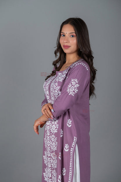 Meher Rayon Long Chikankari Kurti - orchid-purple