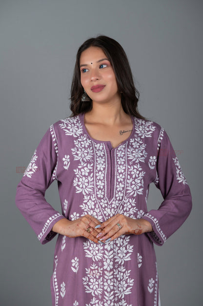 Meher Rayon Long Chikankari Kurti - orchid-purple