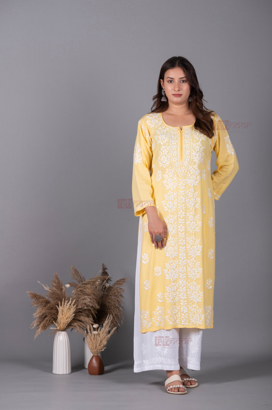 Meher Rayon Long Chikankari Kurti - butter-yellow