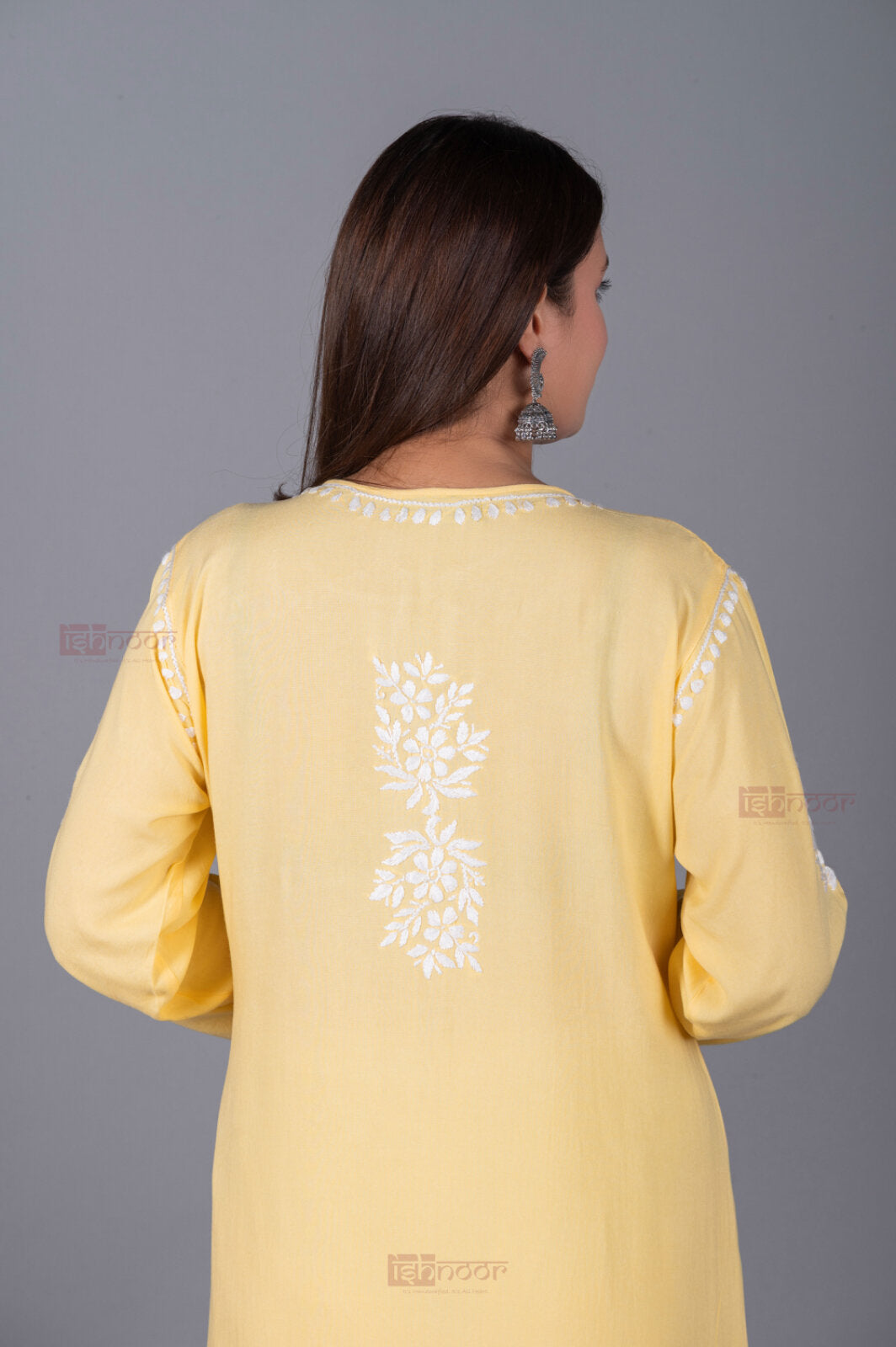 Meher Rayon Long Chikankari Kurti - butter-yellow