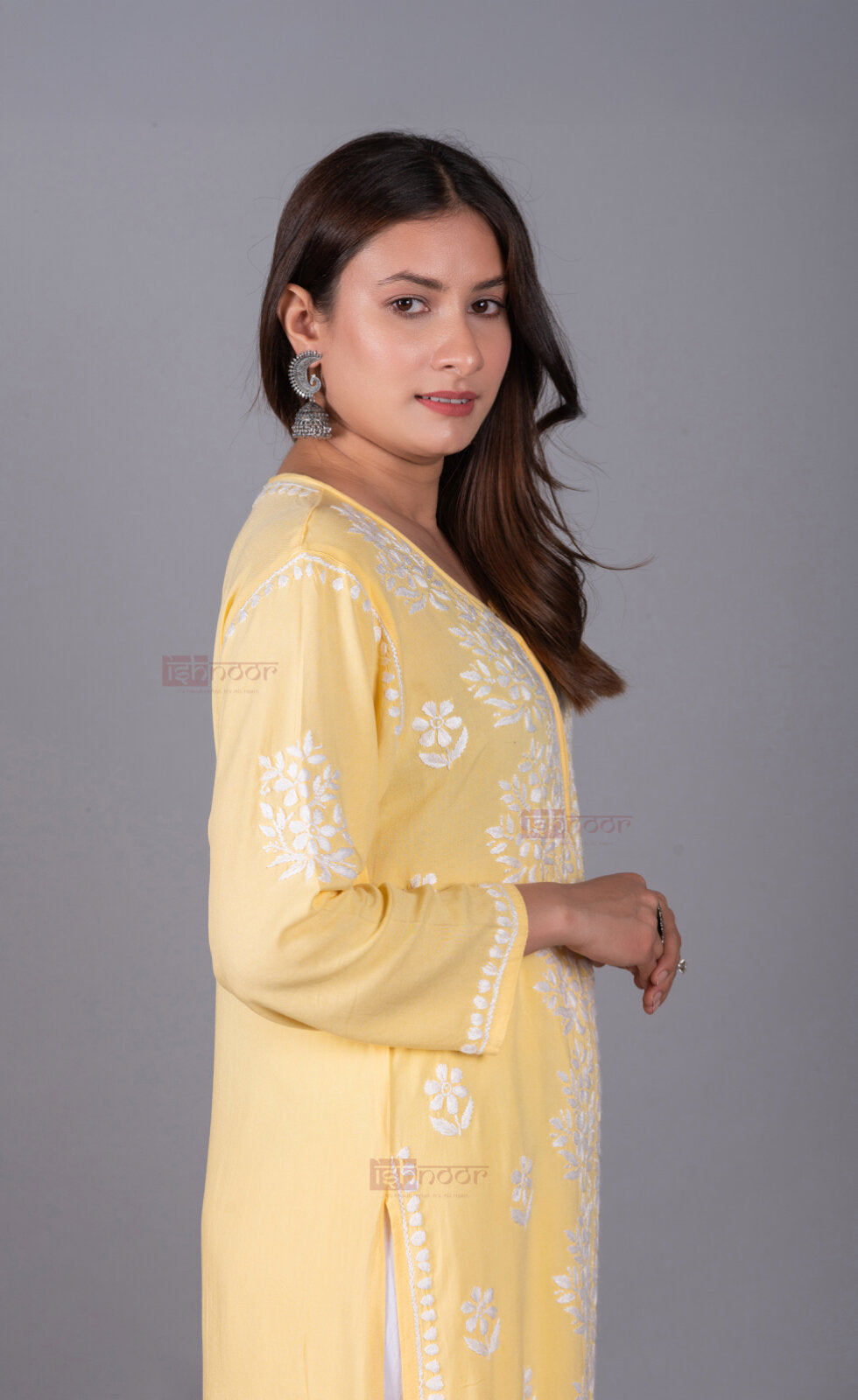 Meher Rayon Long Chikankari Kurti - butter-yellow