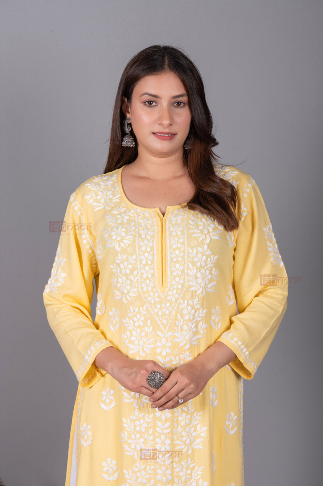 Meher Rayon Long Chikankari Kurti - butter-yellow