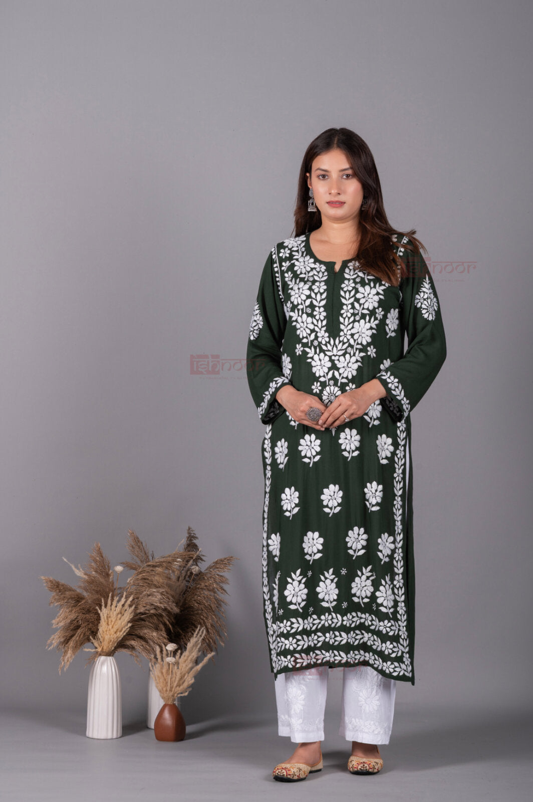 Meher Premium Modal Long Chikankari Kurti 2 - olive-green