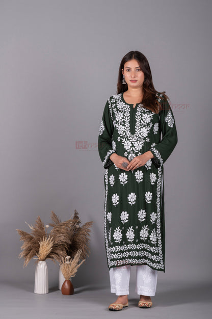 Meher Premium Modal Long Chikankari Kurti 2 - olive-green