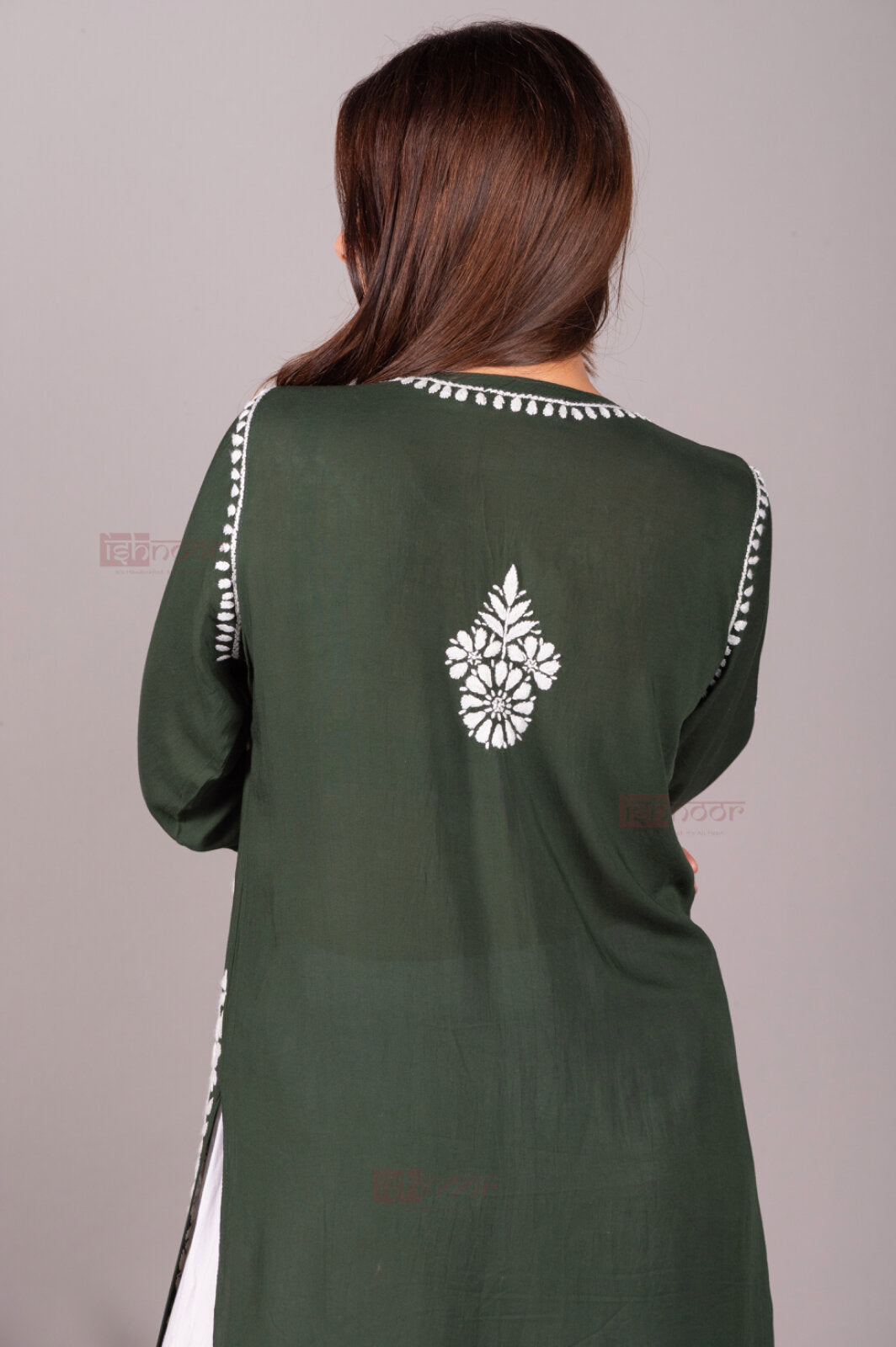 Meher Premium Modal Long Chikankari Kurti 2 - olive-green