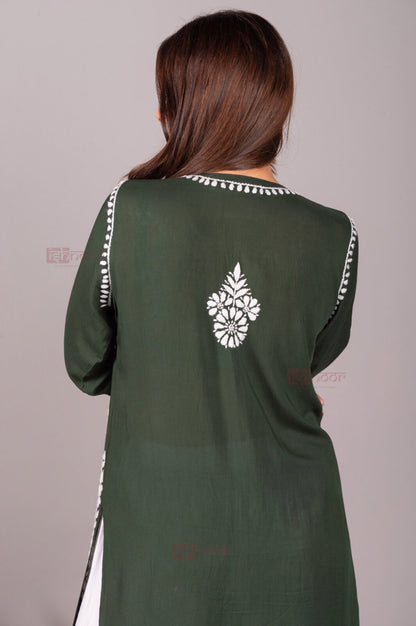 Meher Premium Modal Long Chikankari Kurti 2 - olive-green