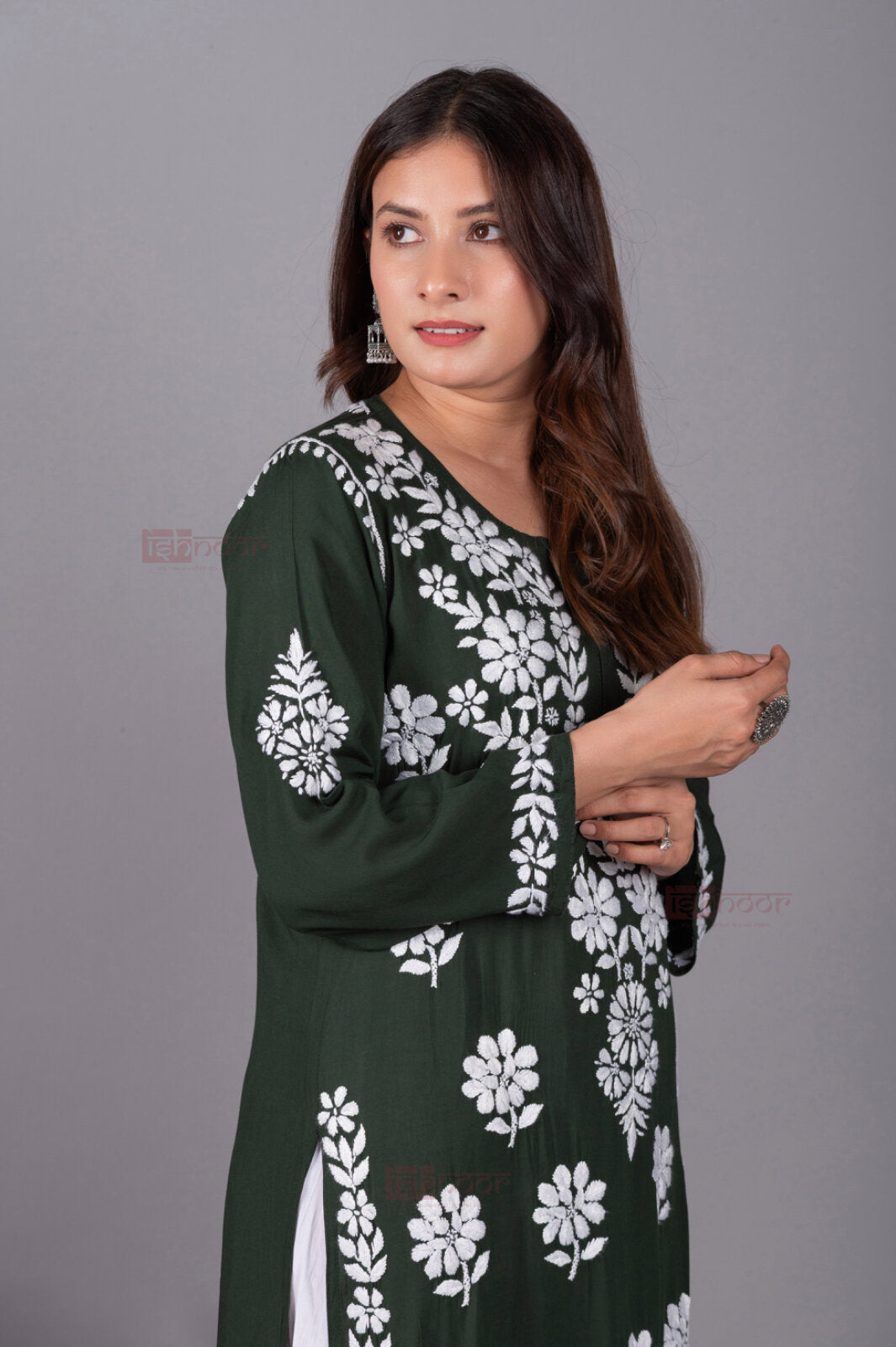Meher Premium Modal Long Chikankari Kurti 2 - olive-green
