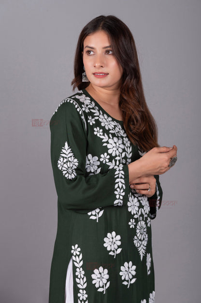 Meher Premium Modal Long Chikankari Kurti 2 - olive-green