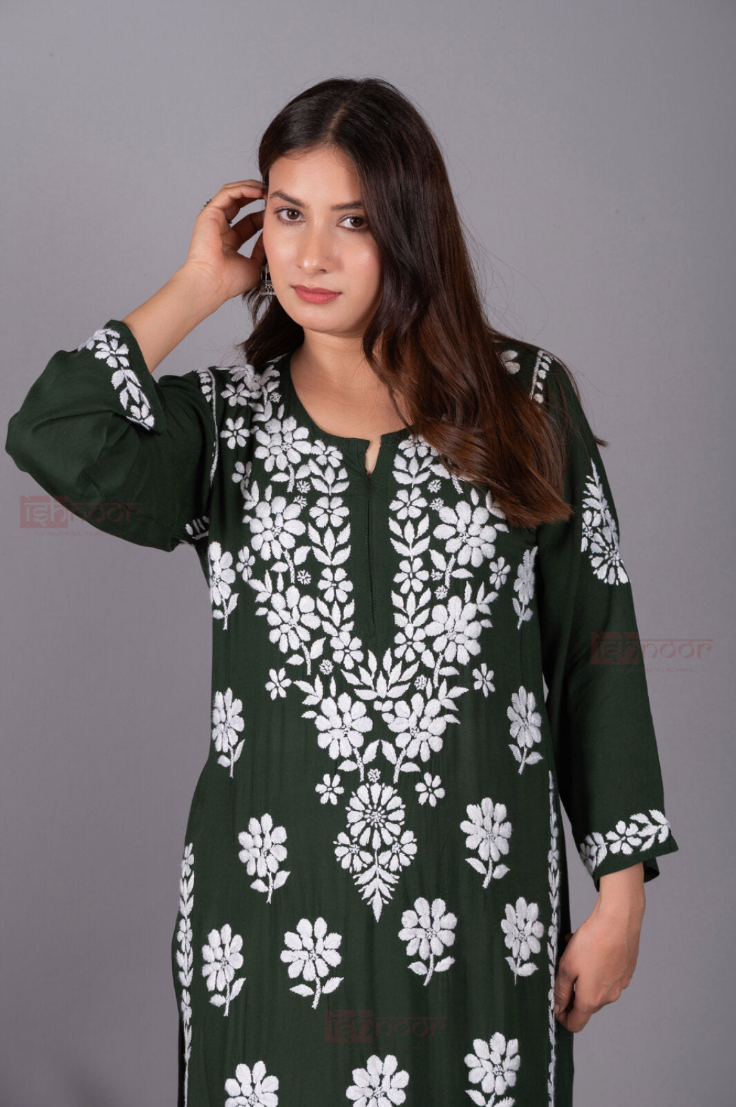 Meher Premium Modal Long Chikankari Kurti 2 - olive-green