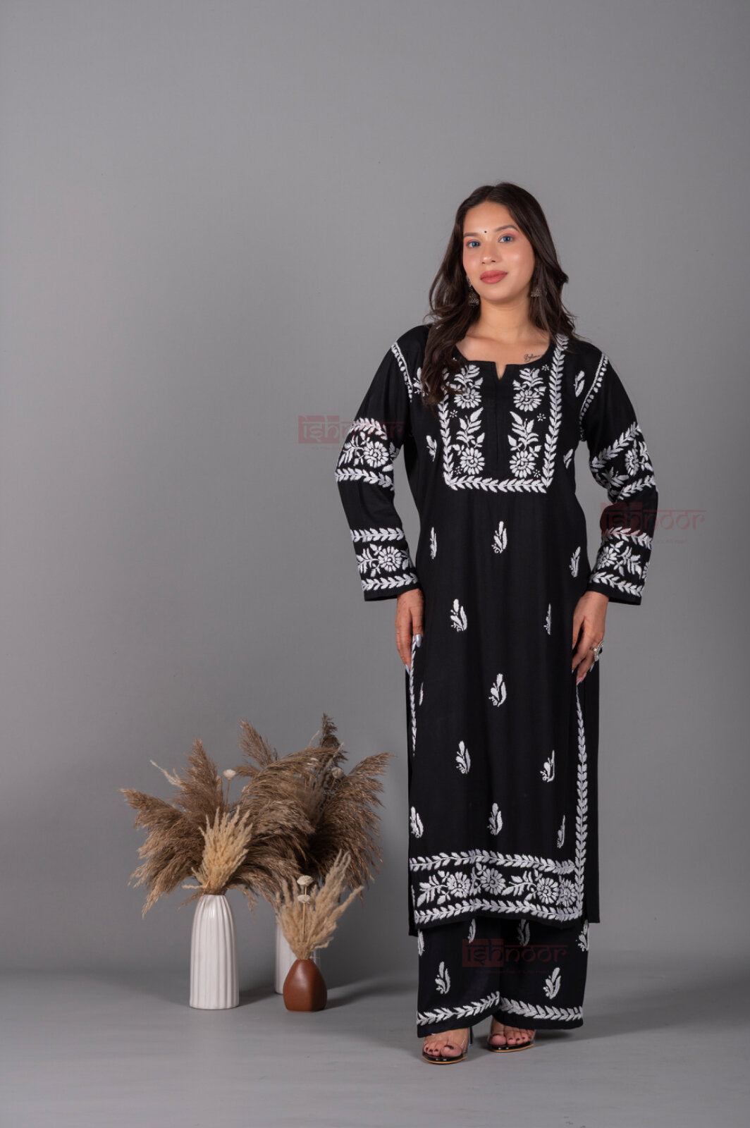 Meher Rayon Chikankari Kurti & Palazzo Set - black