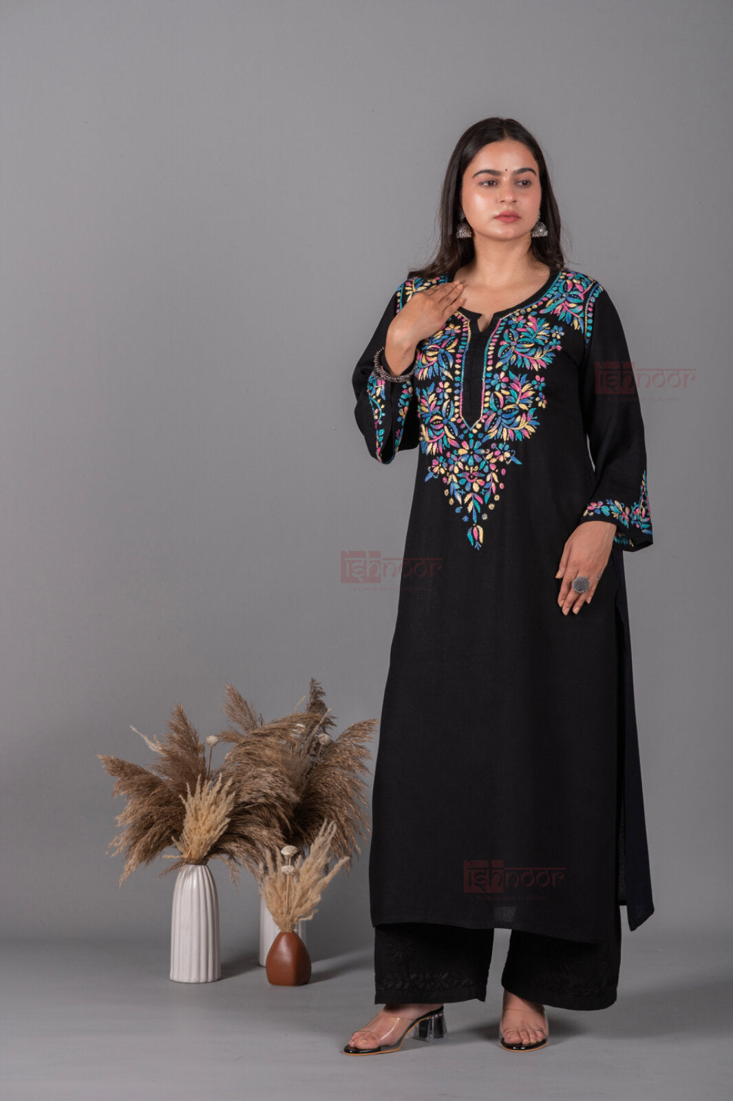 Meher Premium Rayon Long Chikankari Kurti - black