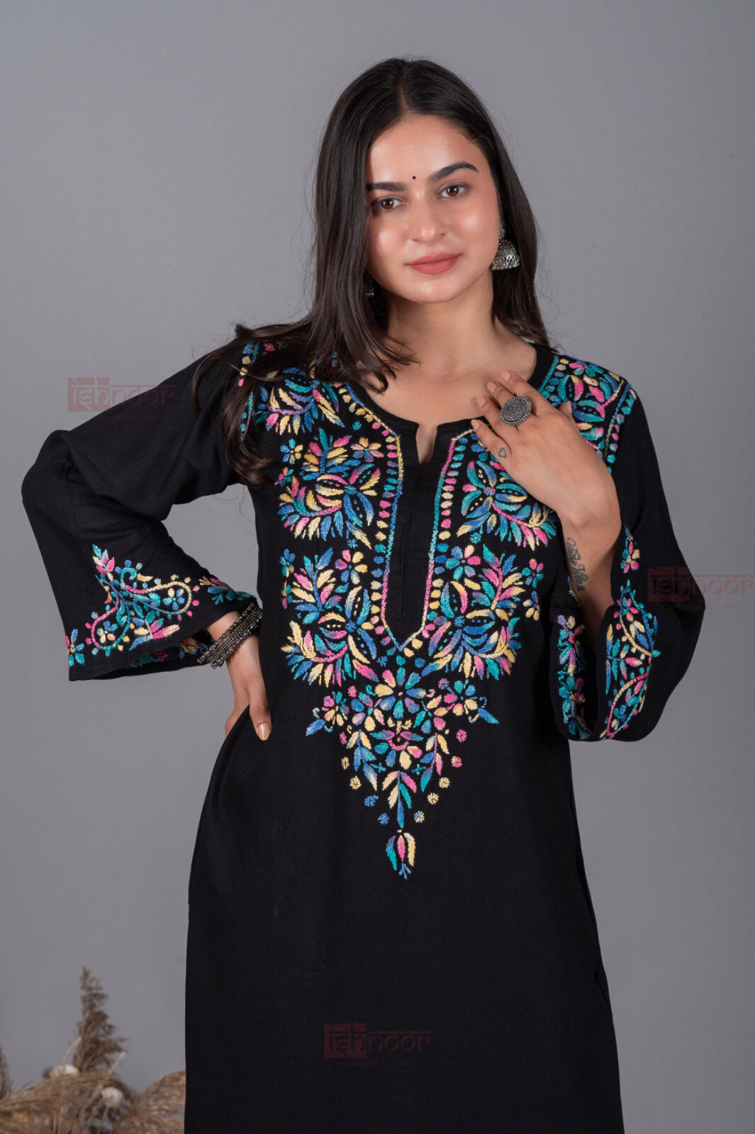 Meher Premium Rayon Long Chikankari Kurti - black
