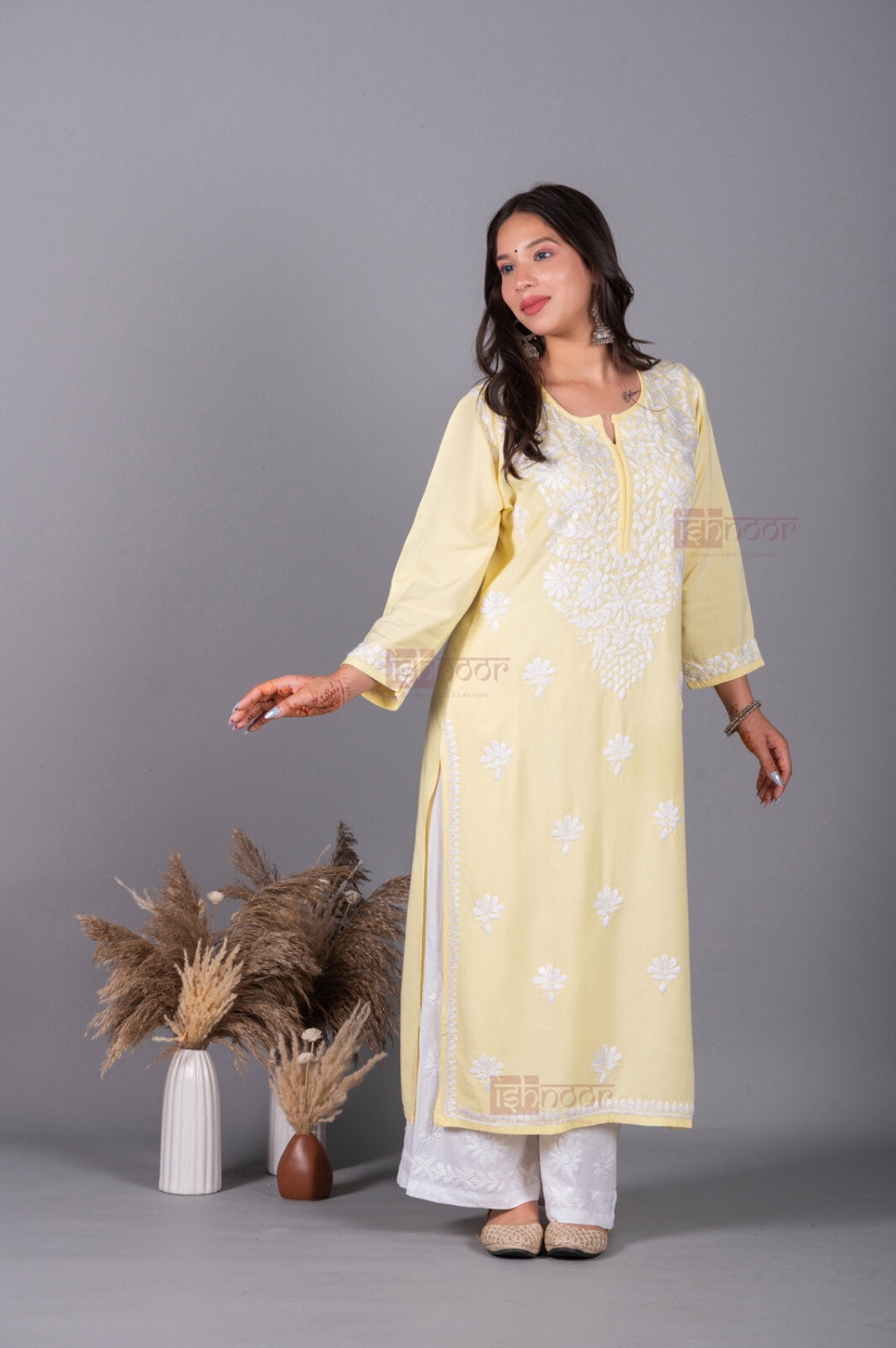 Meher Premium Rayon Chikankari Kurti - butter-yellow