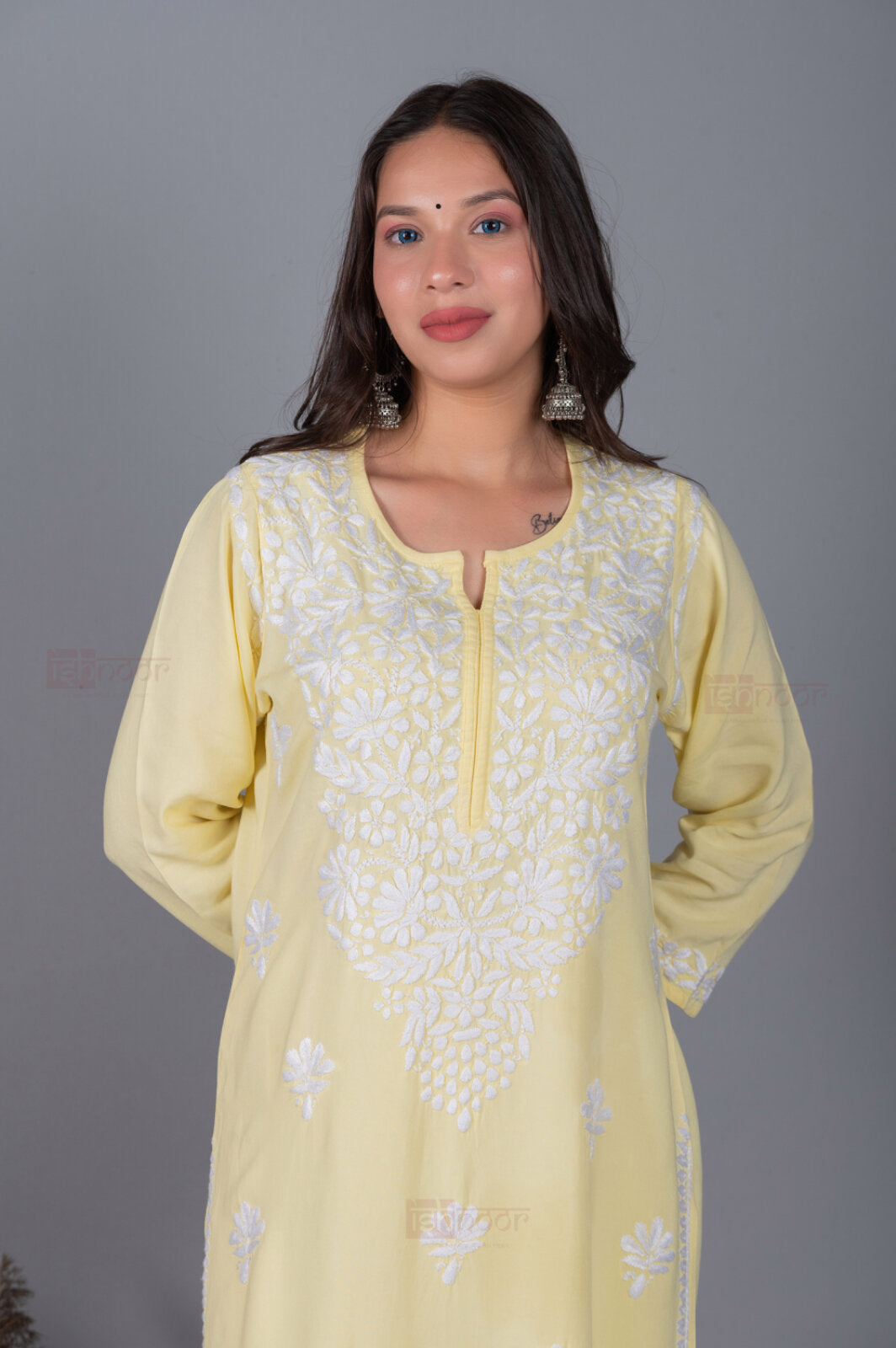 Meher Premium Rayon Chikankari Kurti - butter-yellow