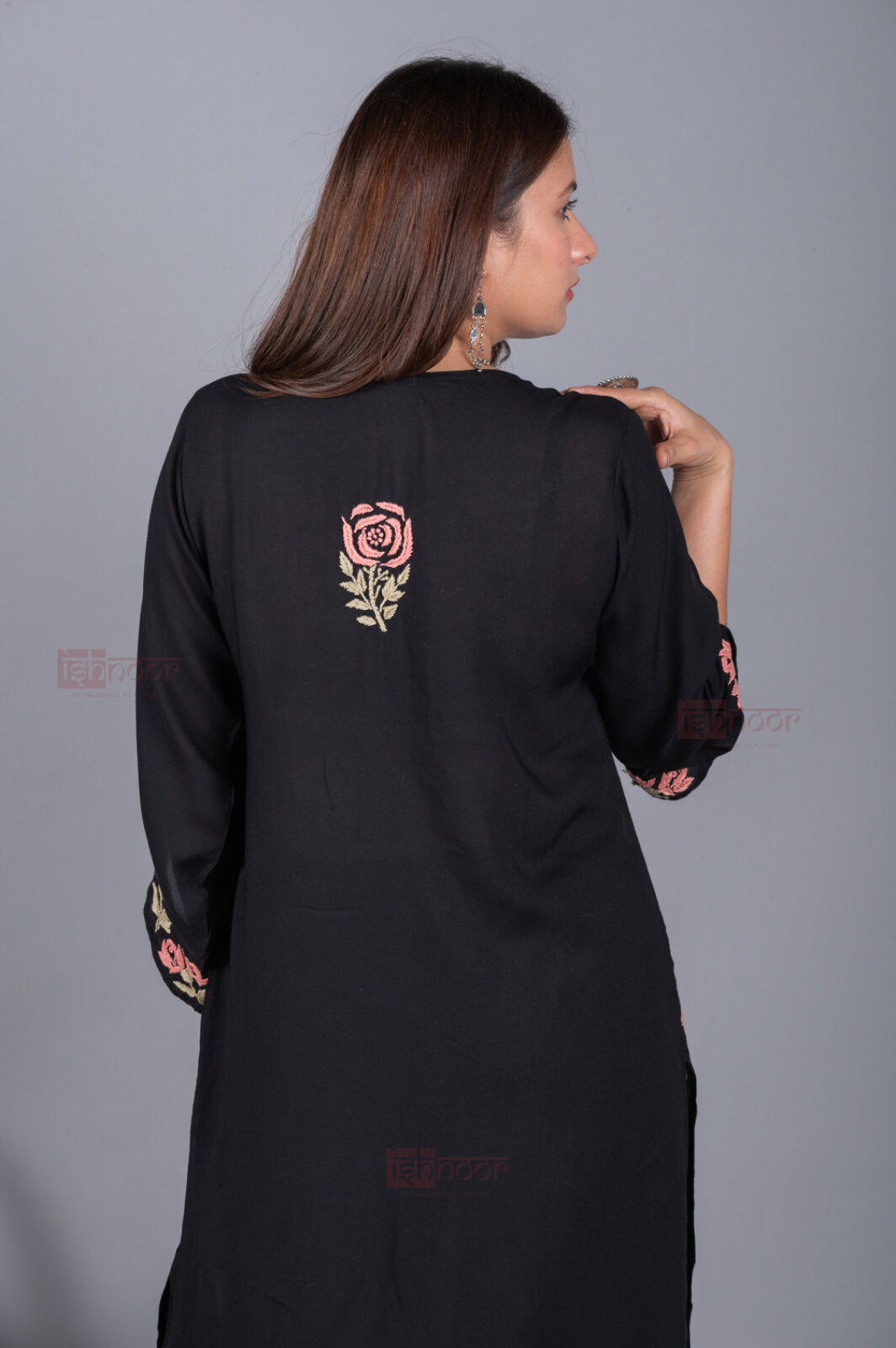 Meher Modal Long Chikankari Kurti - black