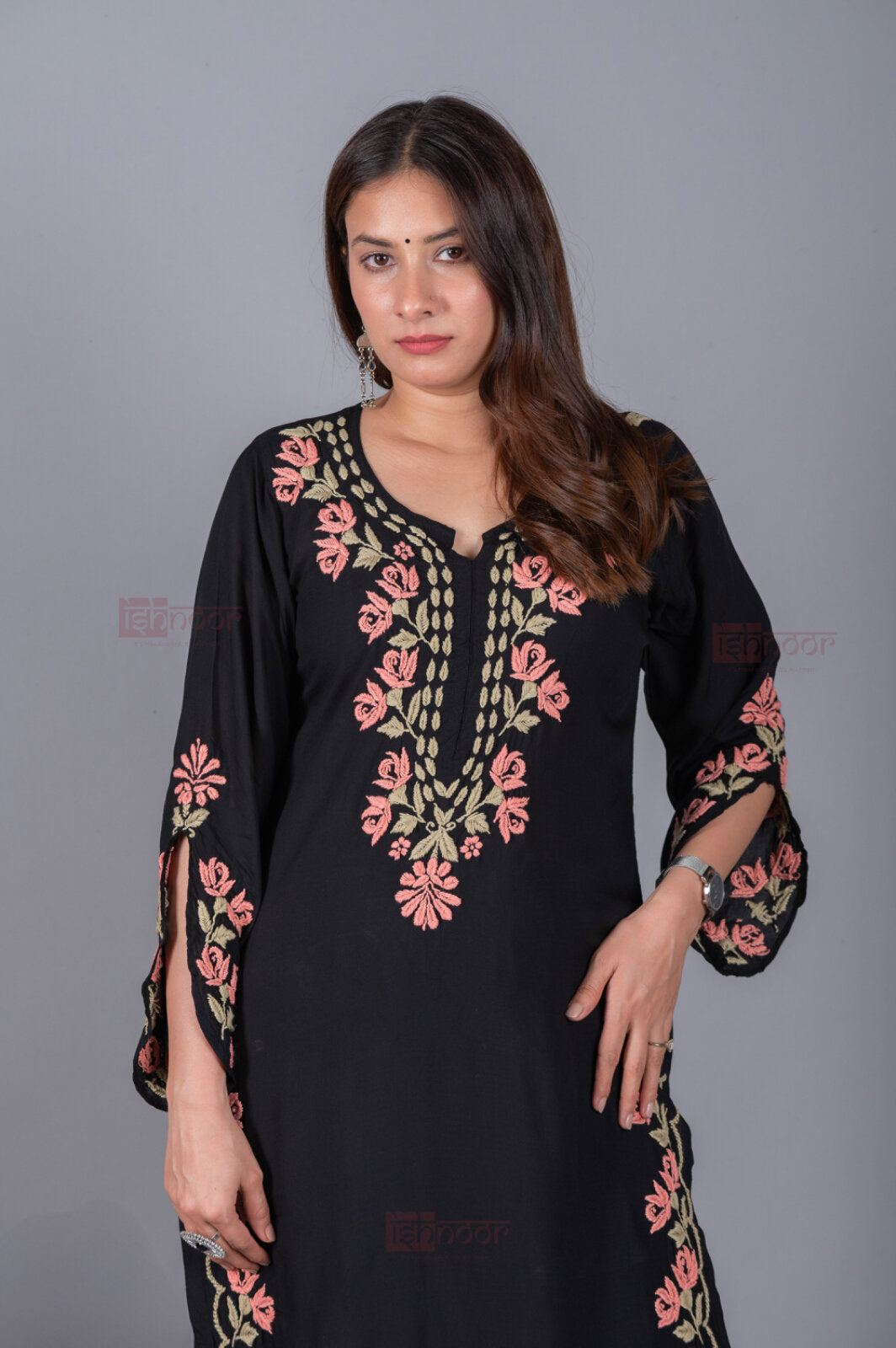 Meher Modal Long Chikankari Kurti - black