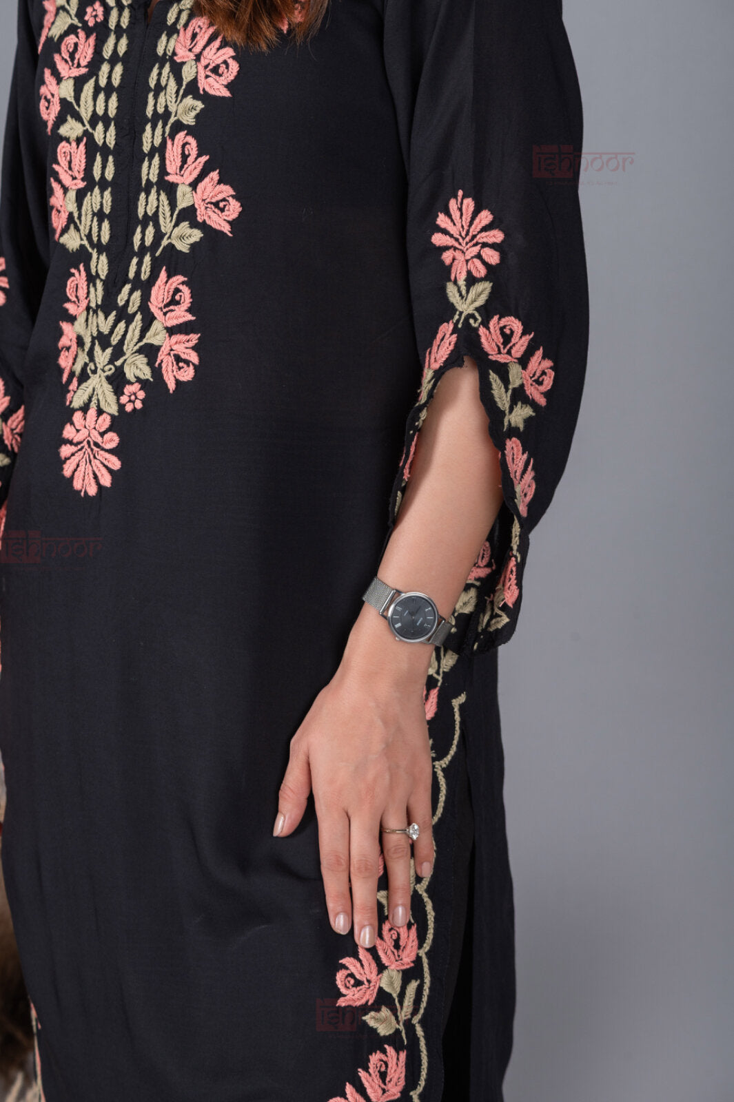 Meher Modal Long Chikankari Kurti - black
