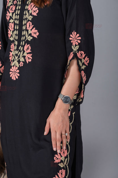Meher Modal Long Chikankari Kurti - black