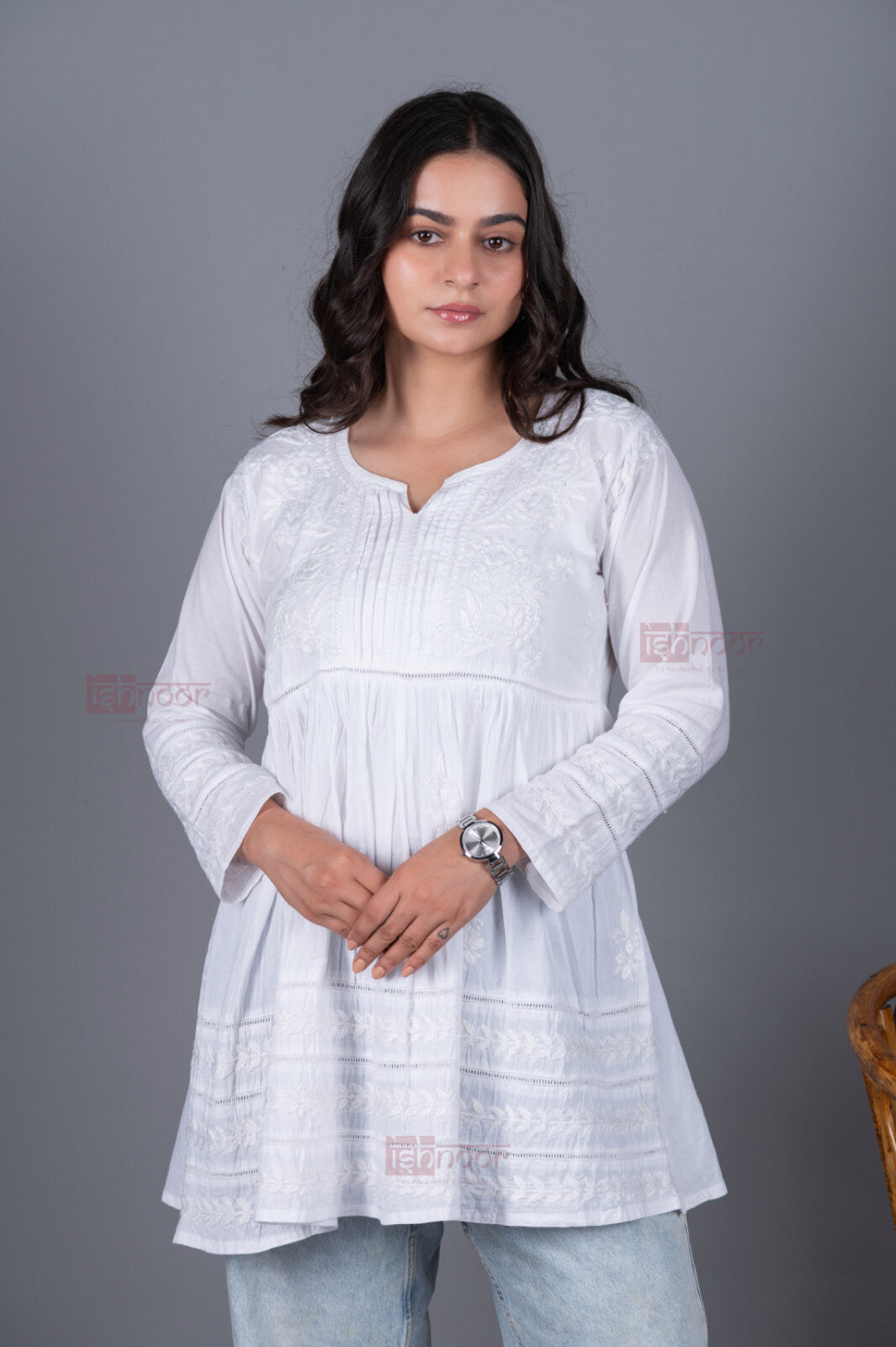 Meher Short Cotton Chikankari Kurti - white