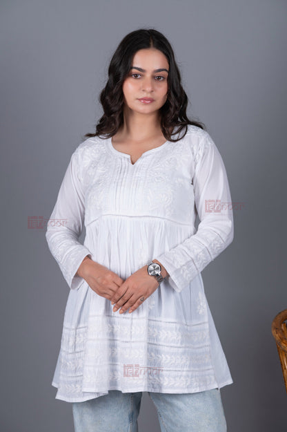 Meher Short Cotton Chikankari Kurti - white