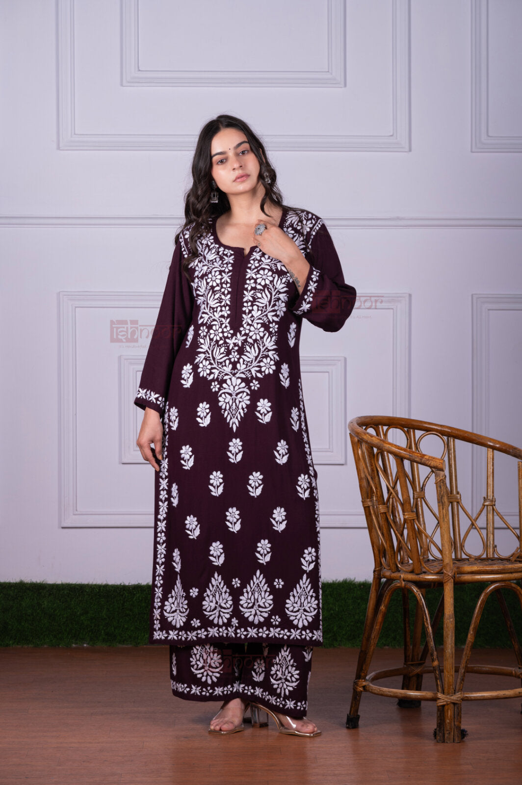 Meher Rayon Chikankari Kurta Plazzo Set - maroon