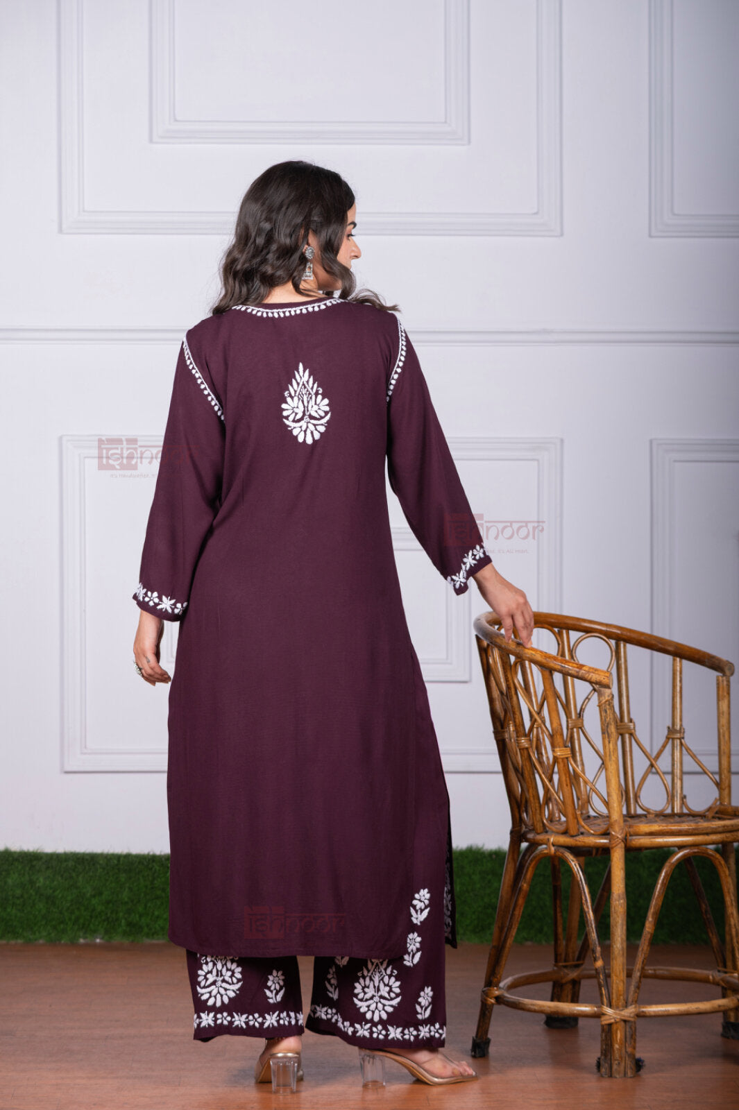 Meher Rayon Chikankari Kurta Plazzo Set - maroon