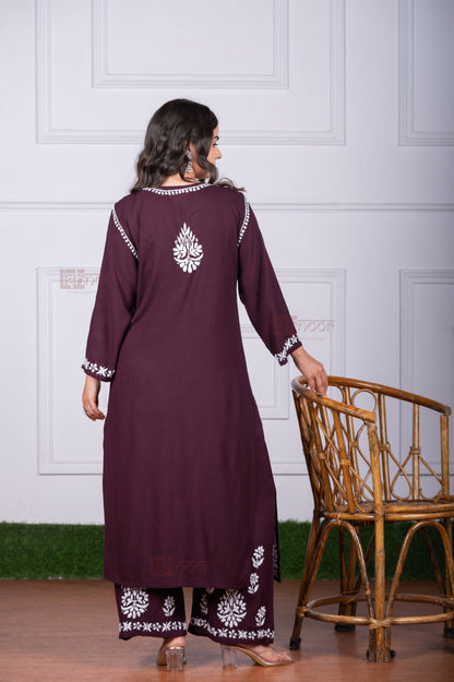 Meher Rayon Chikankari Kurta Plazzo Set - maroon