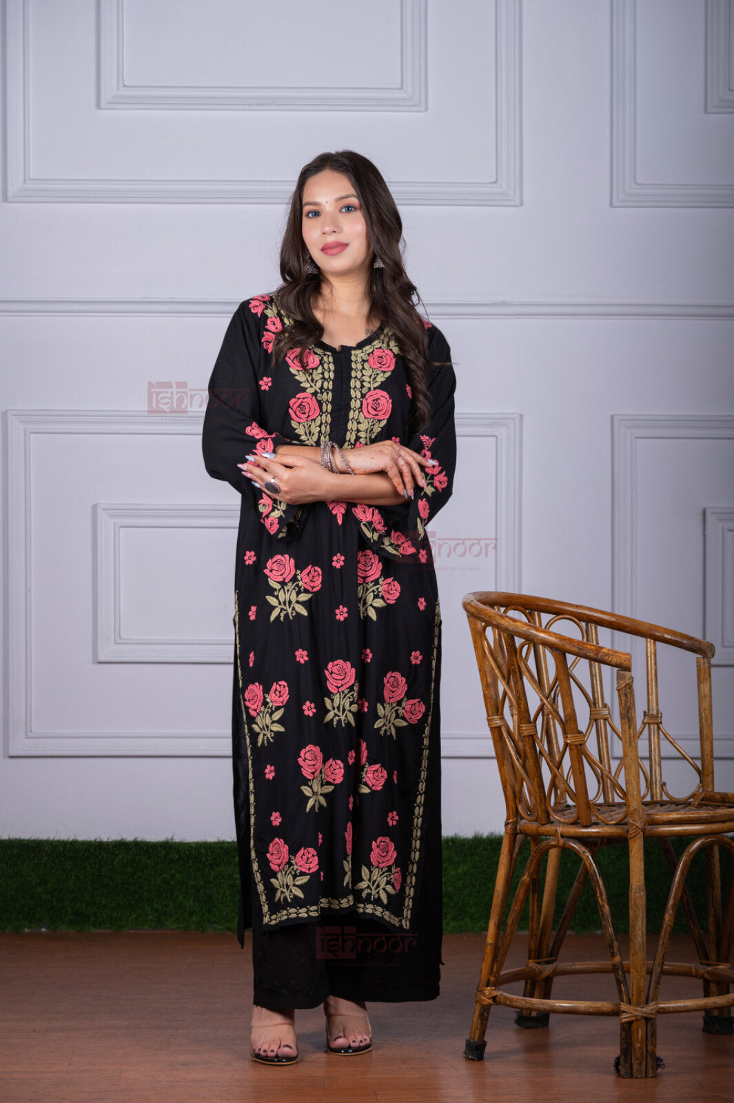 Meher Premium Modal Long Chikankari Kurti - black