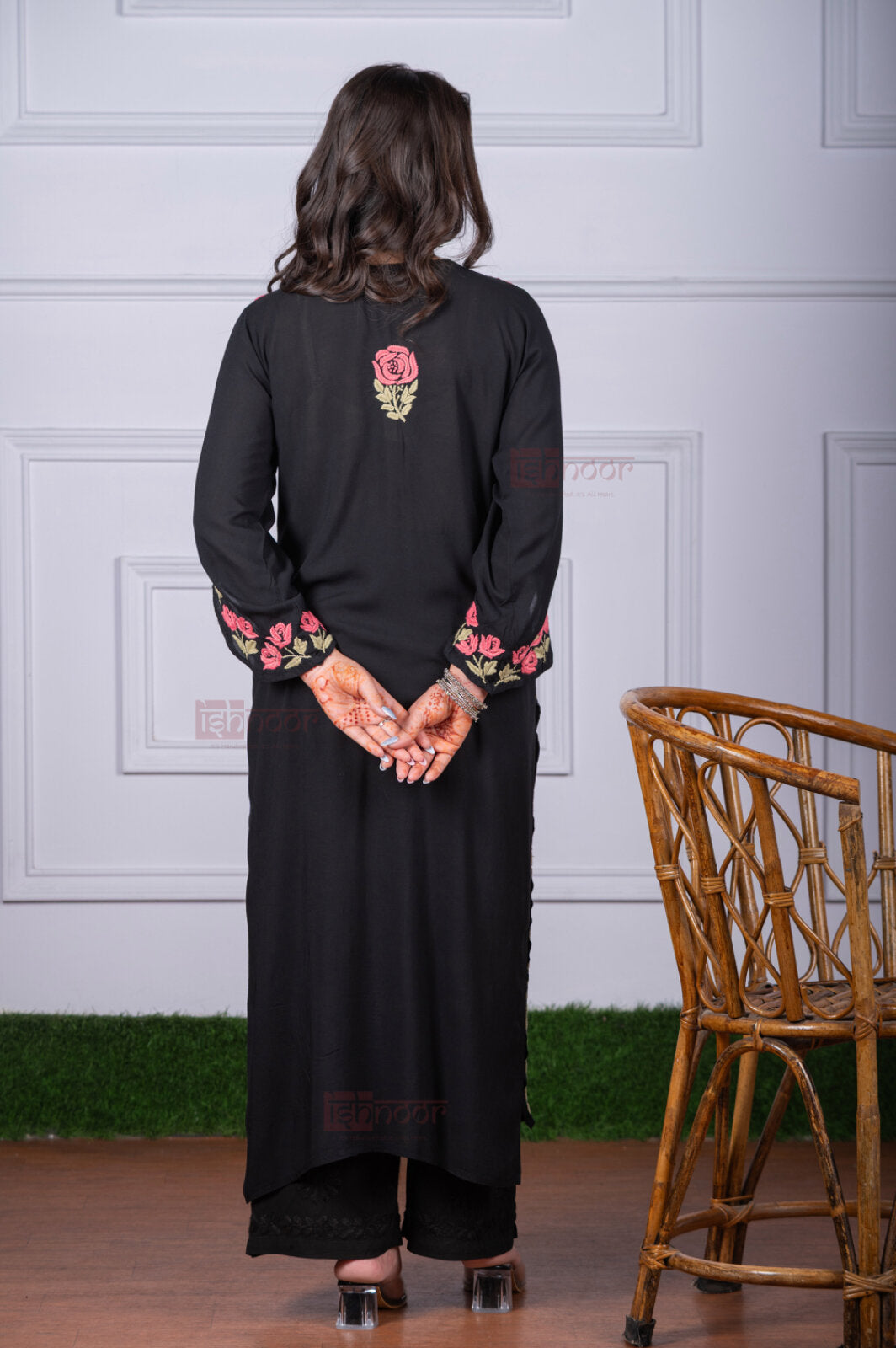 Meher Premium Modal Long Chikankari Kurti - black