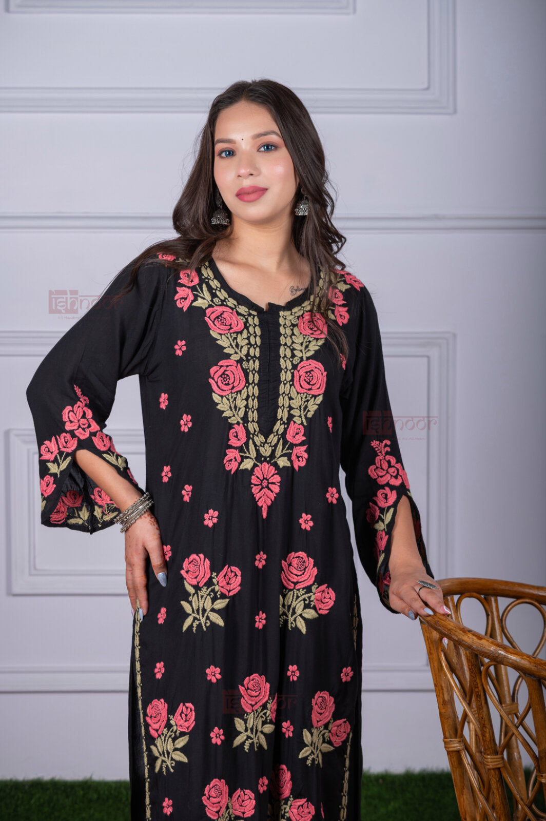Meher Premium Modal Long Chikankari Kurti - black