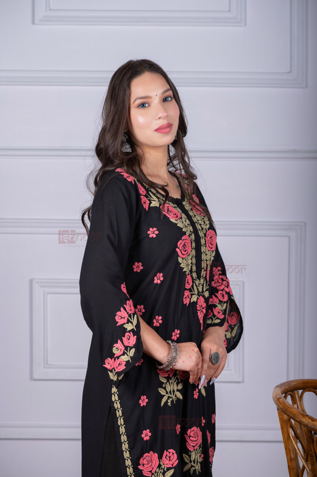 Meher Premium Modal Long Chikankari Kurti - black