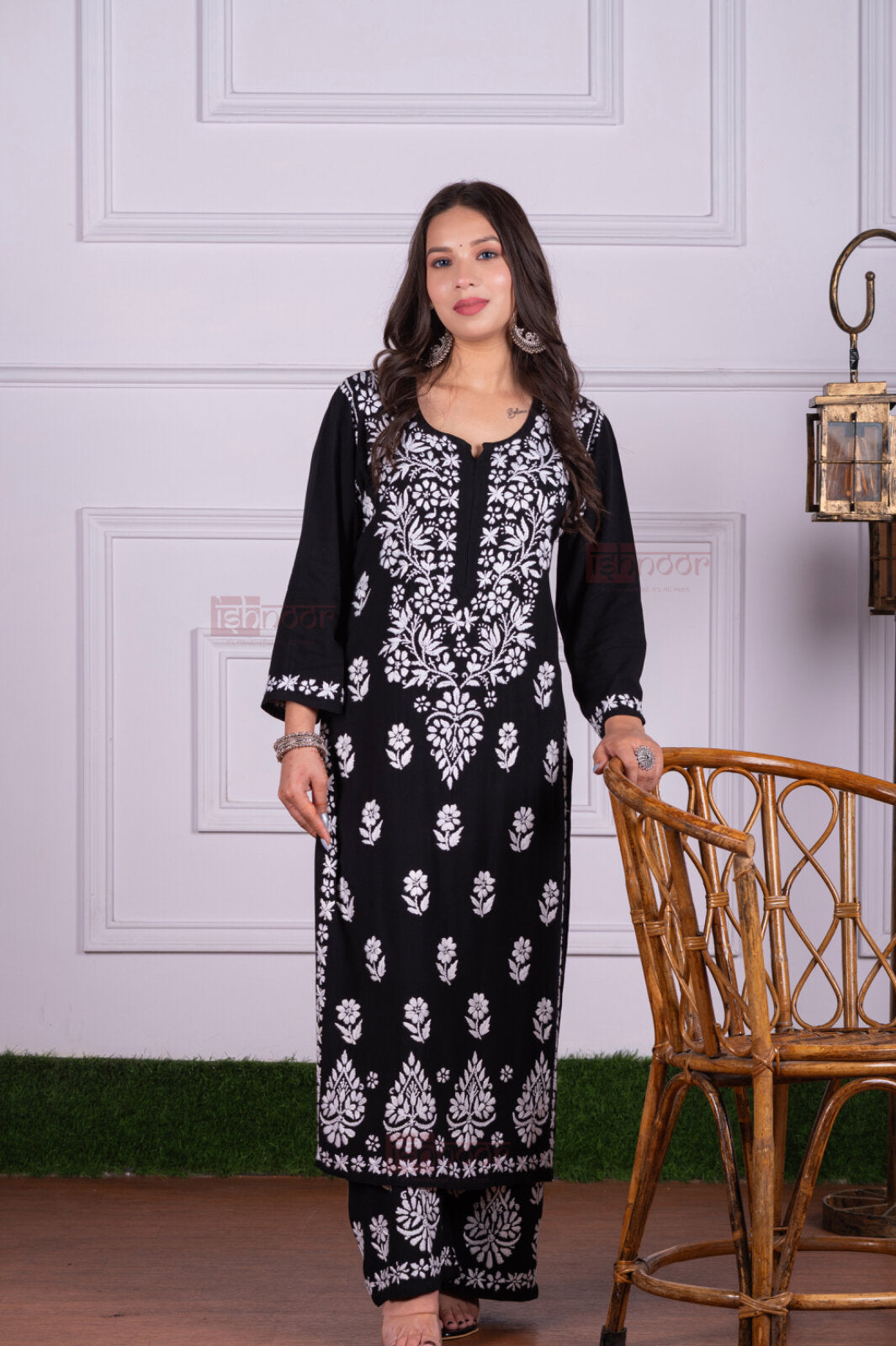 Meher Rayon Chikankari Kurta Plazzo Set - black