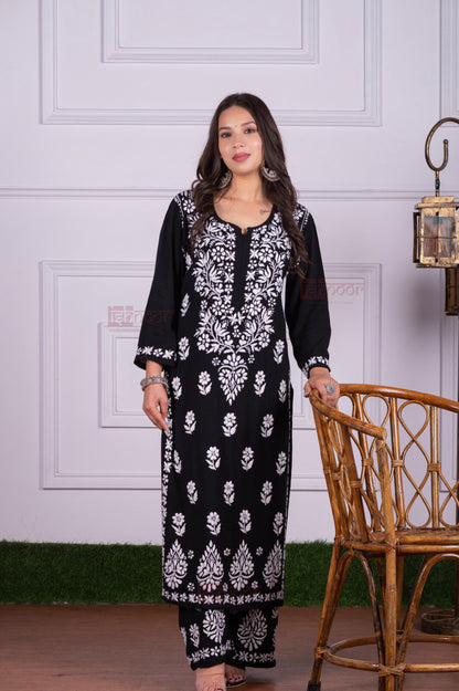 Meher Rayon Chikankari Kurta Plazzo Set - black
