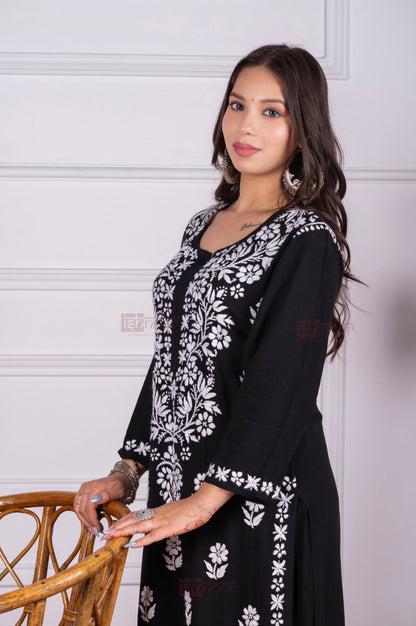 Meher Rayon Chikankari Kurta Plazzo Set - black