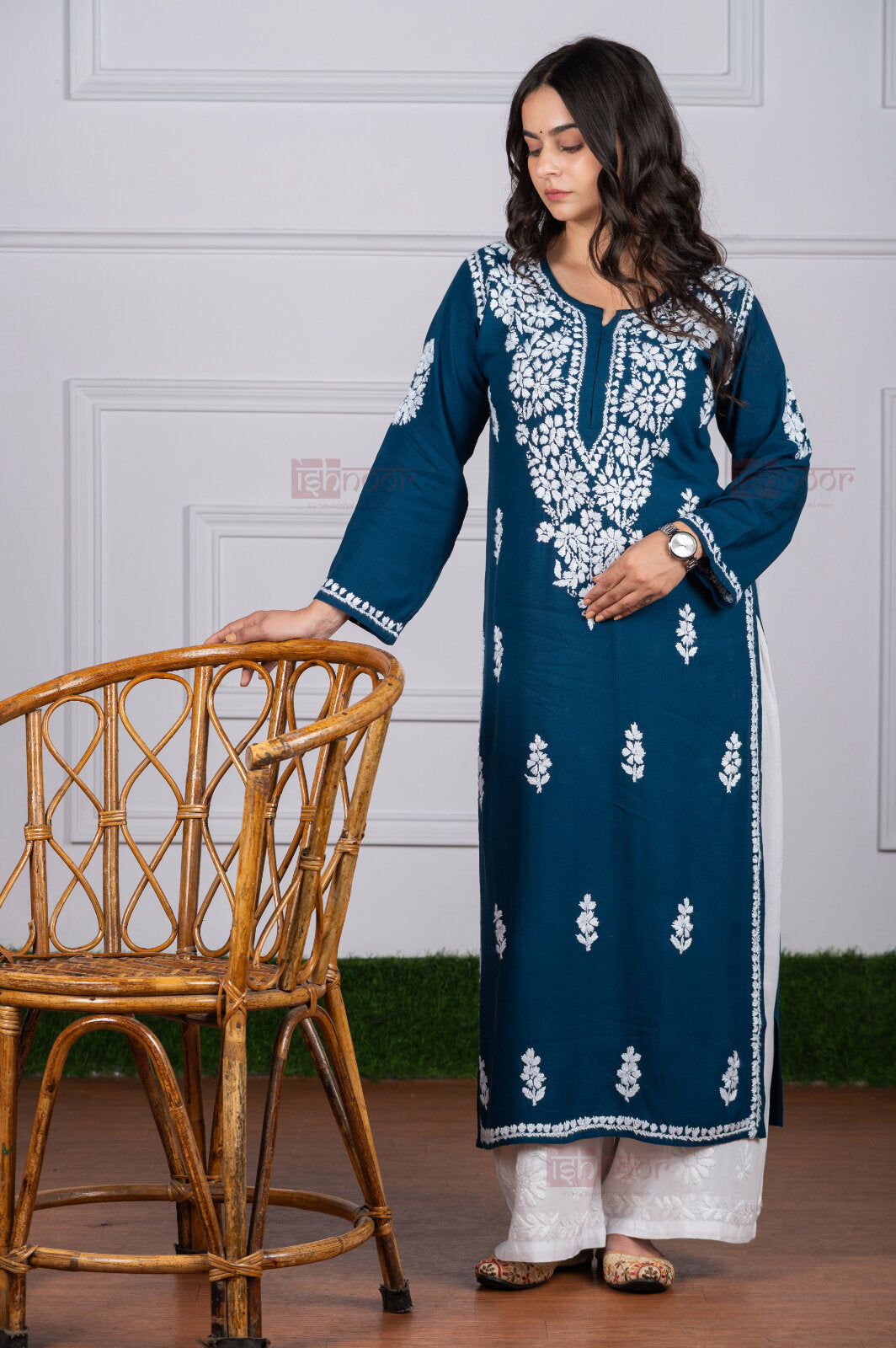 Meher Rayon Long Chikankari Kurti 4 - royal-blue