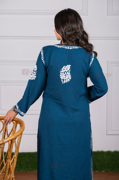 Meher Rayon Long Chikankari Kurti 4 - royal-blue