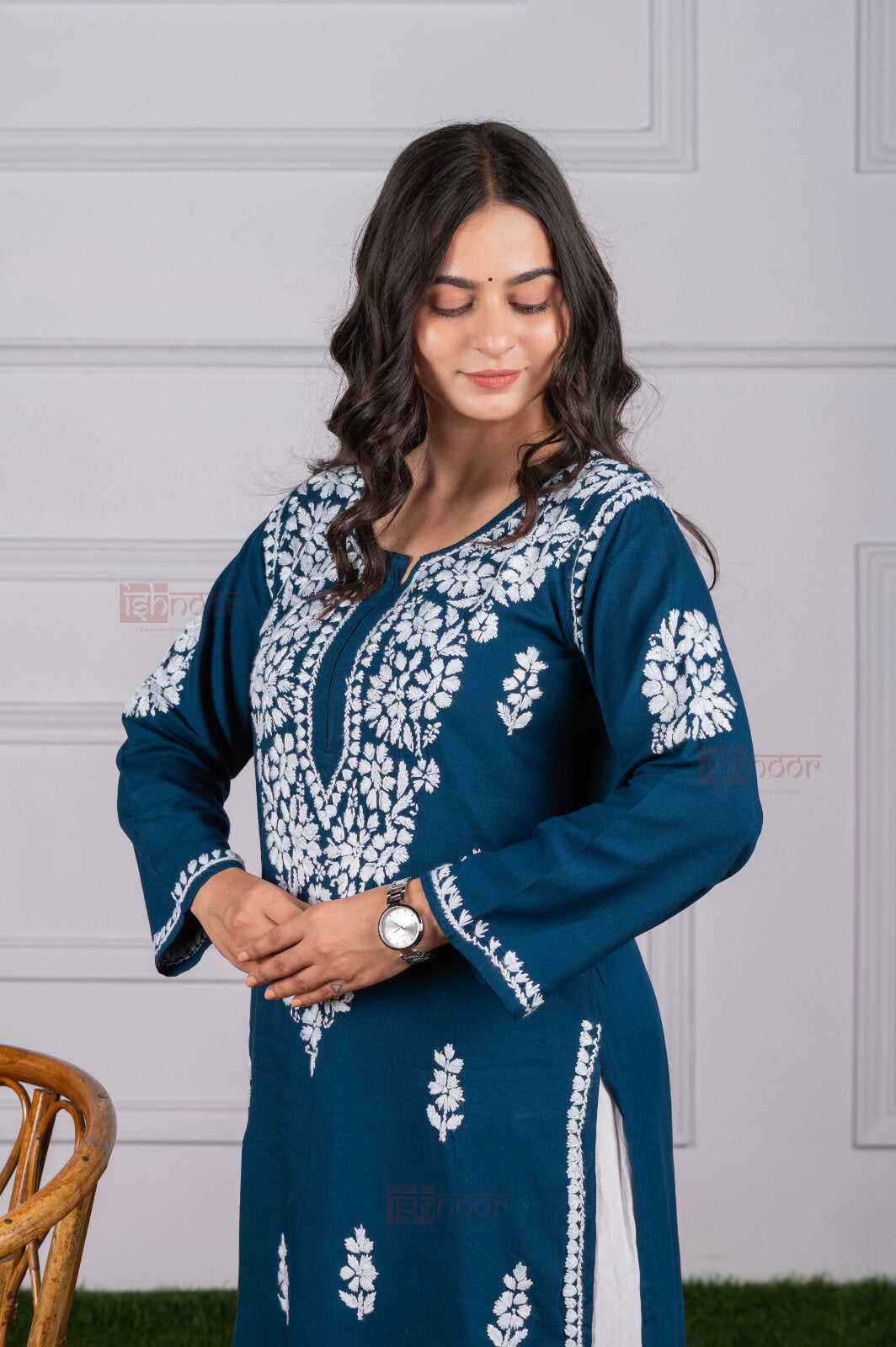 Meher Rayon Long Chikankari Kurti 4 - royal-blue