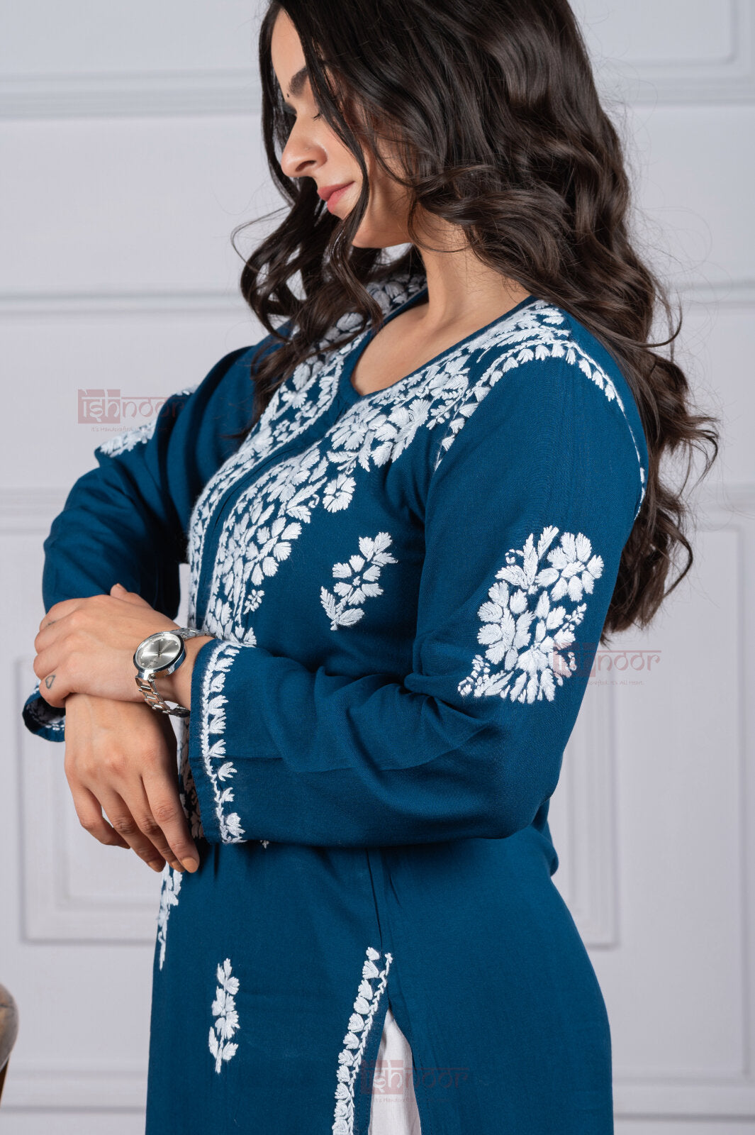 Meher Rayon Long Chikankari Kurti 4 - royal-blue