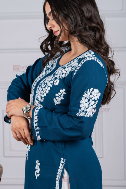 Meher Rayon Long Chikankari Kurti 4 - royal-blue