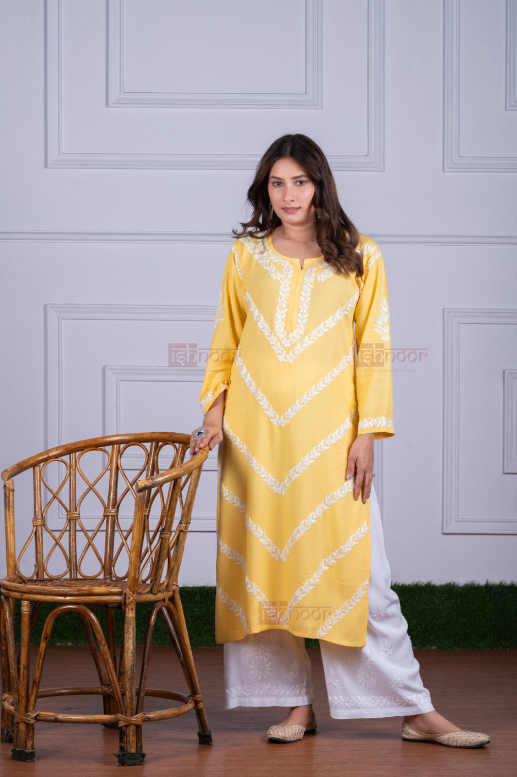 Meher Rayon Straight Long Chikankari Kurti - butter-yellow
