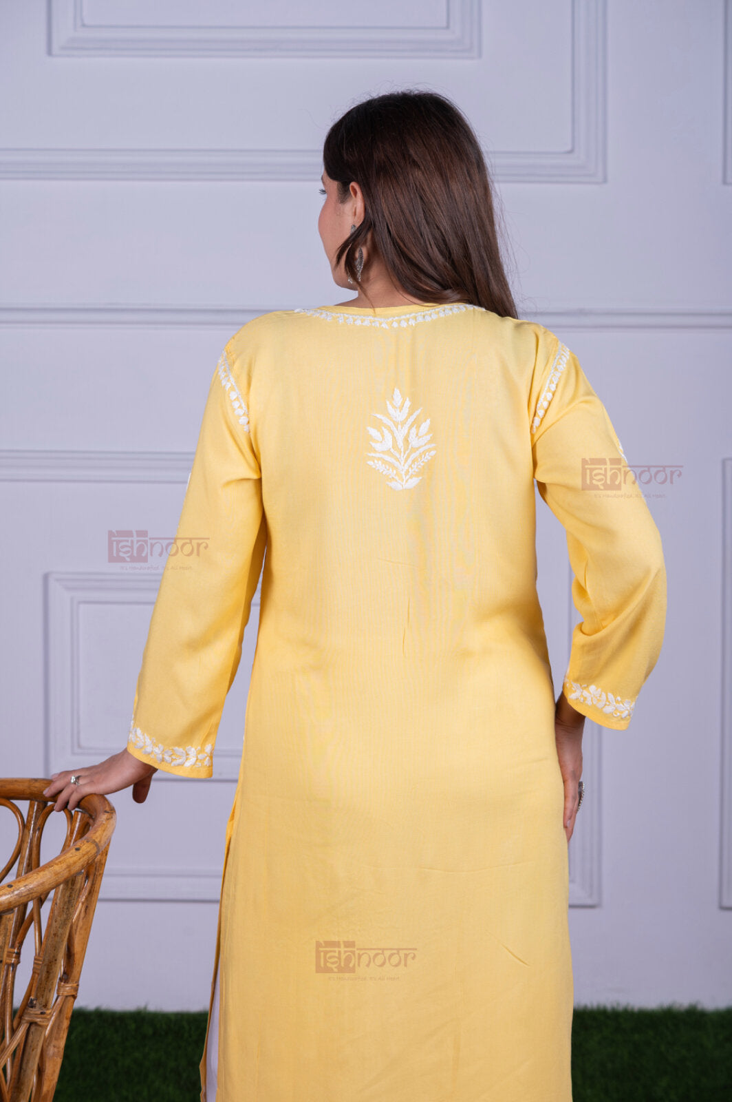Meher Rayon Straight Long Chikankari Kurti - butter-yellow