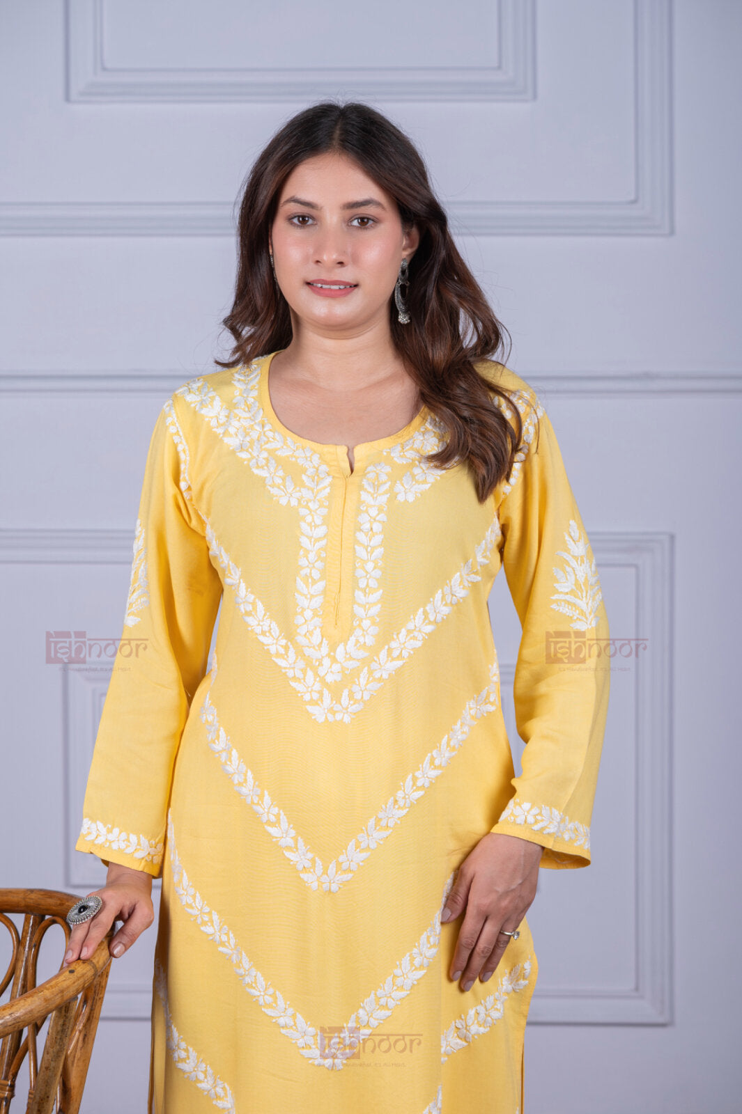 Meher Rayon Straight Long Chikankari Kurti - butter-yellow