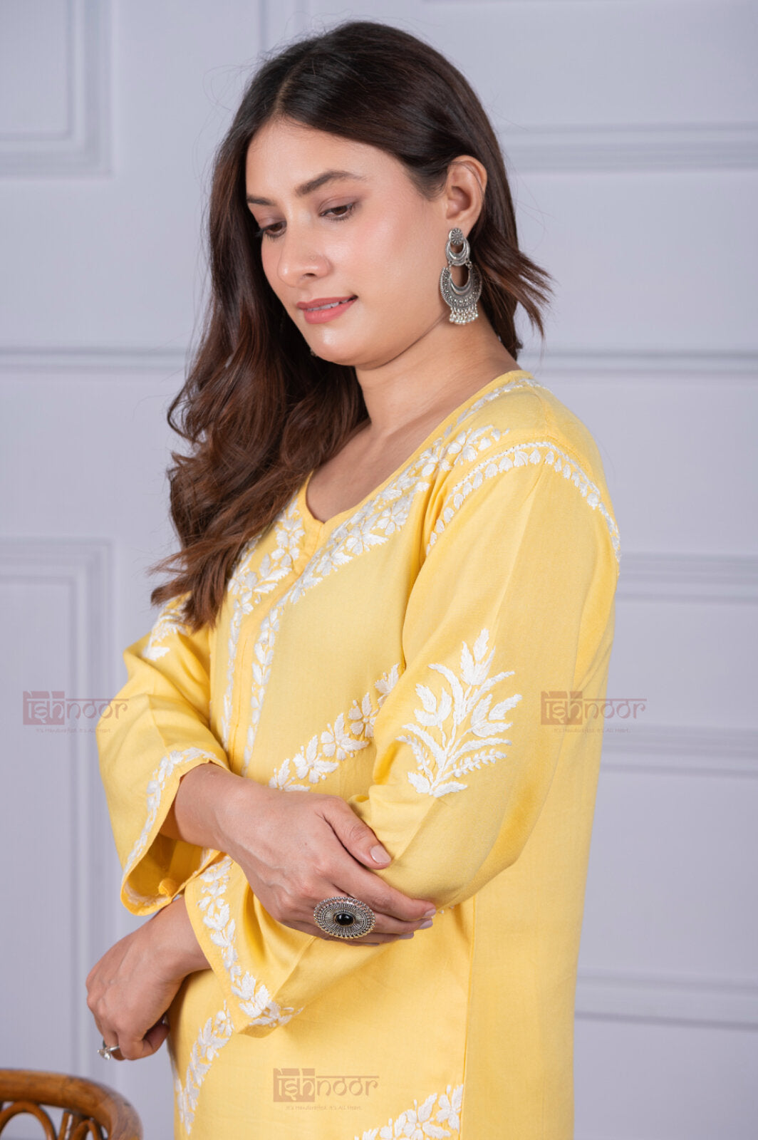 Meher Rayon Straight Long Chikankari Kurti - butter-yellow