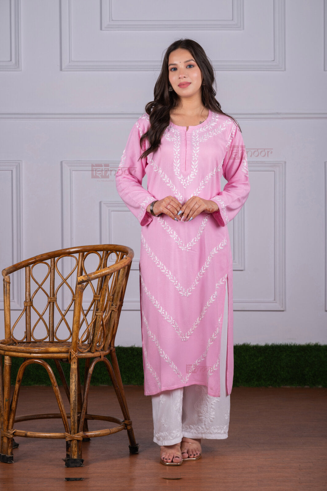 Meher Rayon Straight Long Chikankari Kurti - blush-pink