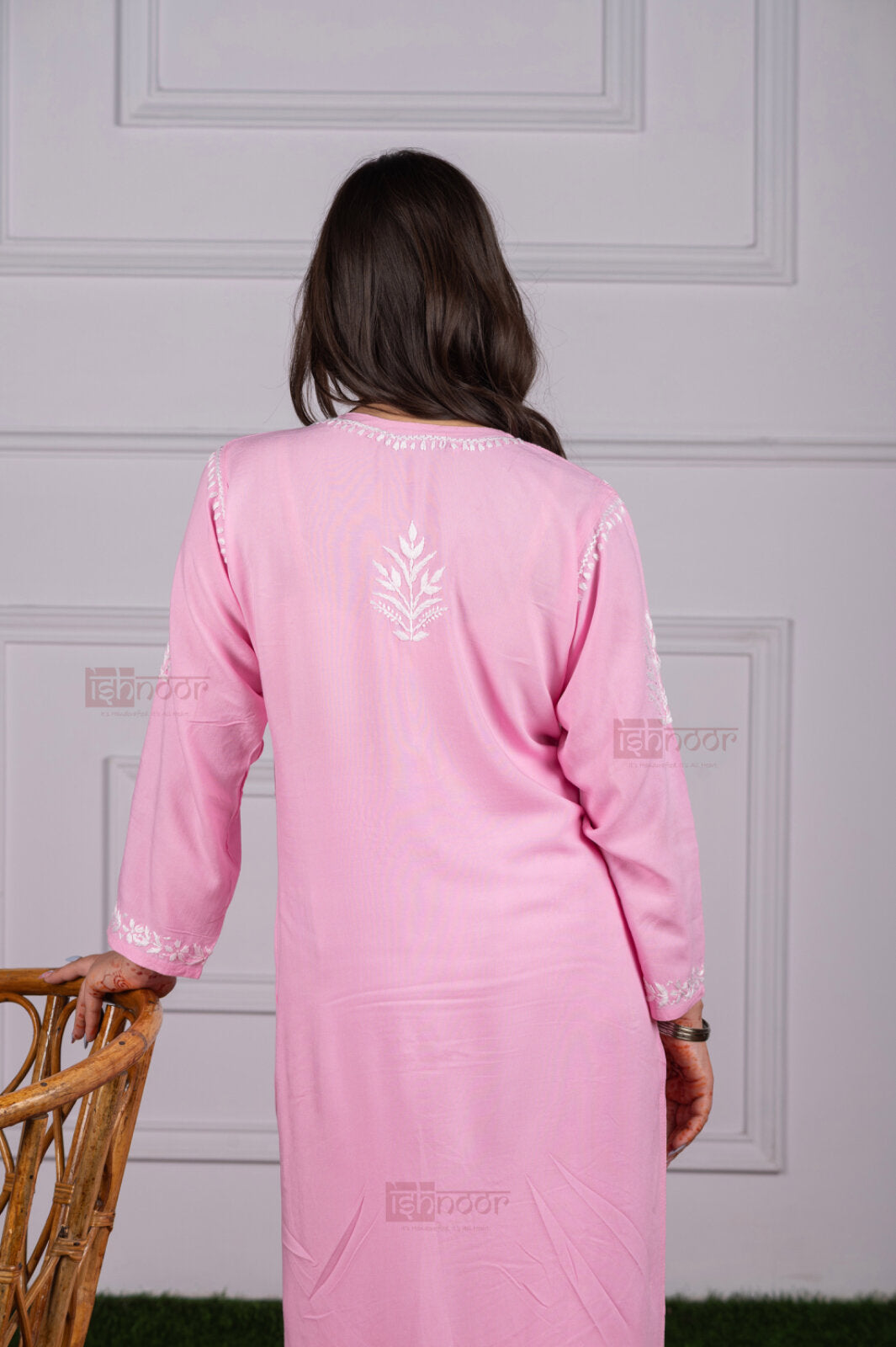 Meher Rayon Straight Long Chikankari Kurti - blush-pink