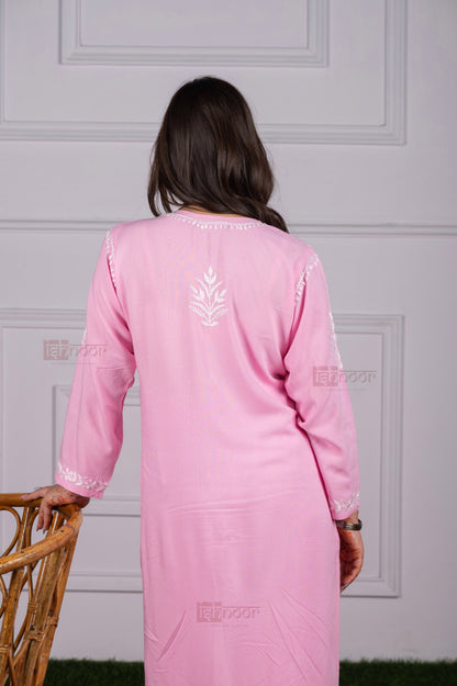 Meher Rayon Straight Long Chikankari Kurti - blush-pink